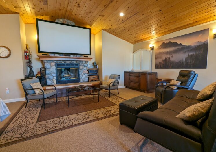 Main living area with large projector TV.